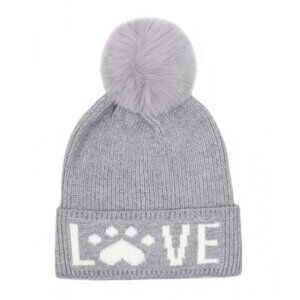 Grey Soft Knitted Love Faux Fur Pom Pom Beanie Hat Paw Print Pet Lover Gift NWT